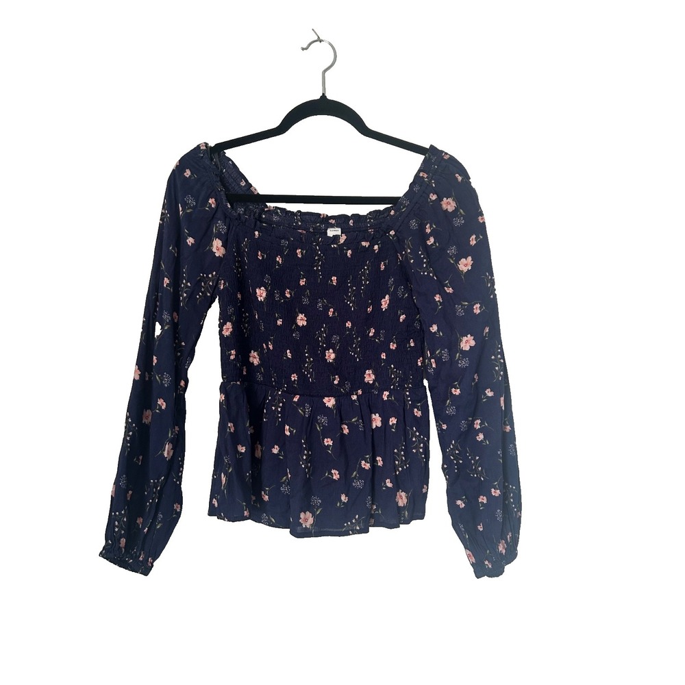 Old Navy Peplum Smocked Blouse Size XS Navy Blue Floral‎ Ruffled Square Neck